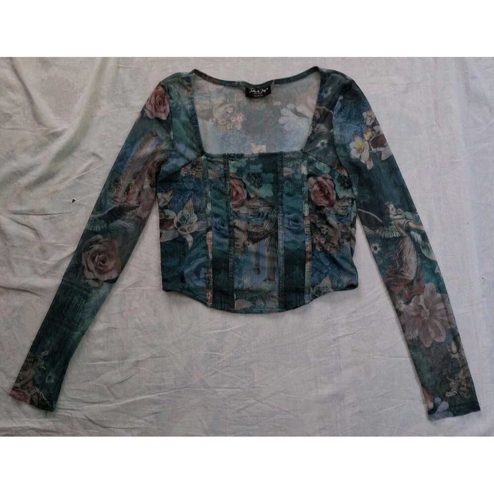 Jolie & Joy Floral Mesh Corset Top Long Sleeve Dark Romantic Grunge 90s Large